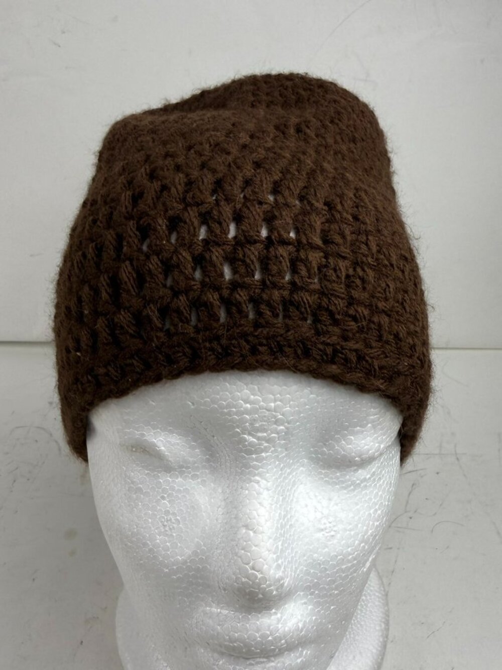 vintage brown crochet knit slouchy beanie hat handmade winter warm skull cap